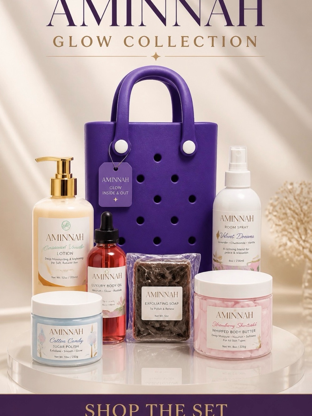 Glow Collection - Purple Gift Tote with Bath & Body AMINNAH Set NWT